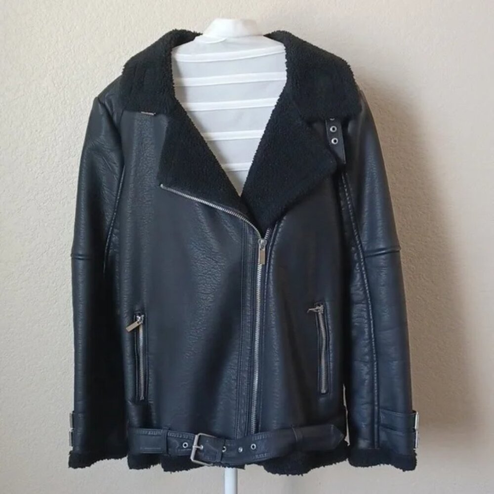 Forever 21 Black Faux Leather Shearling Long Oversized Moto Jacket, Juniors L